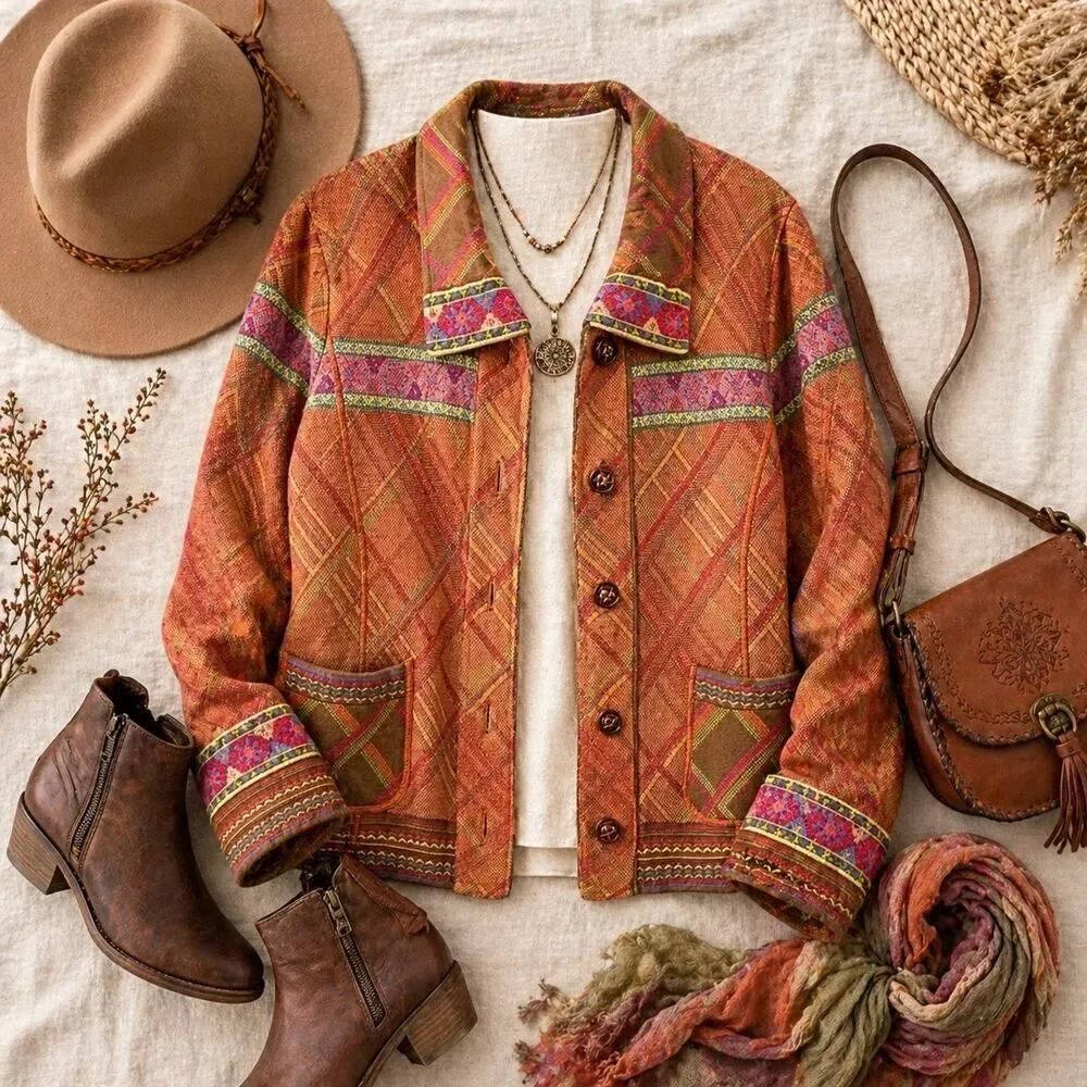 Coldwater Creek Tapestry Jacket L Artsy Boho Lagenlook Woven Button Front Pocket